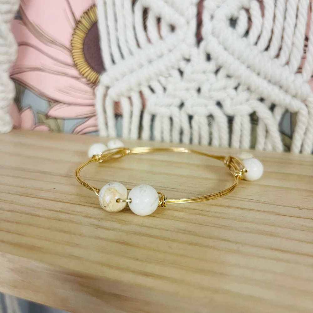 Gold Tone Beaded Bangle Bracelet | White Stone Wire Wrap| Stackable Boho - Picture 6 of 7
